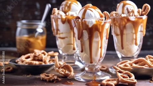 Three pints of ice cream, topped with thick caramel sauce and crunchy pretzels photo