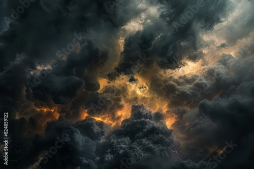mysterious black storm clouds with dramatic lightning and smoke atmospheric illustration