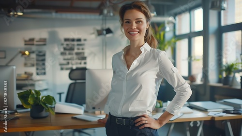 A poised female manager standing in front of a whiteboard, holding a marker, and looking at the camera confidently. 
