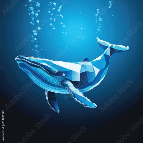Abstract blue whale underwater in polygons on a technology blue background. Low poly wireframe marine life concept. Polygonal futuristic vector illustration with 3D effect. Modern geometric style