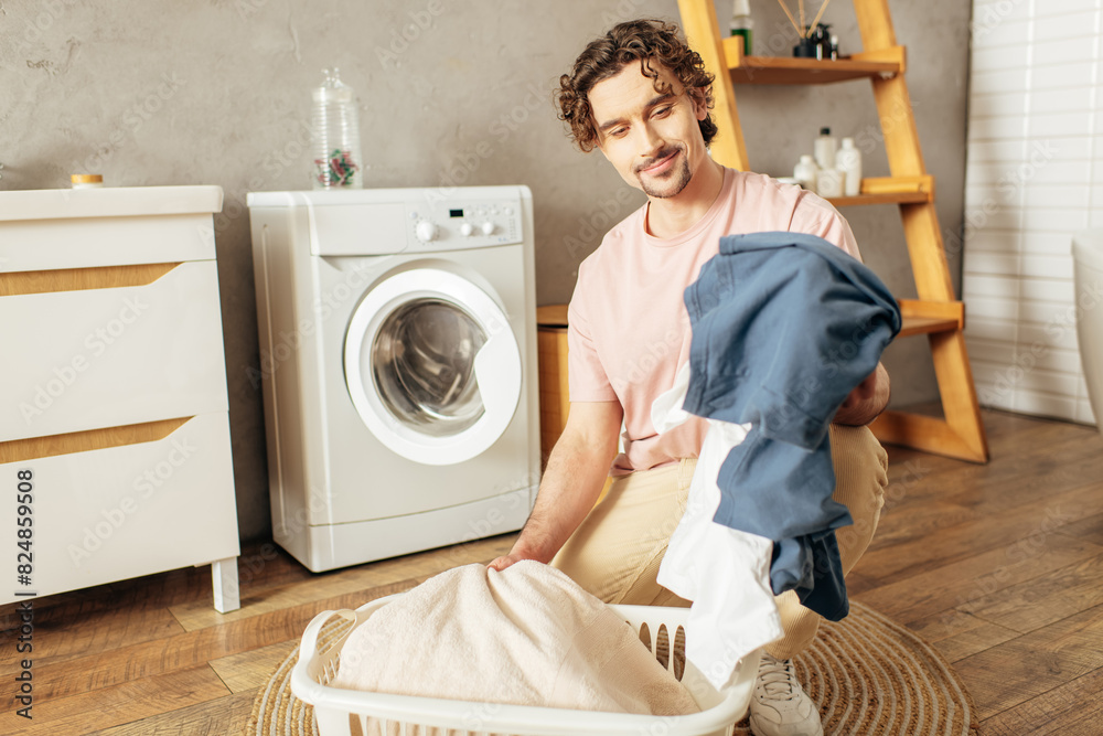 A man in cozy homewear holds a laundry bag in front of a washing machine. A man in cozy homewear holds a laundry bag in front of a washing machine.