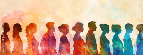 A diverse group of people stand together in solidarity  their silhouettes painted in vibrant colors.