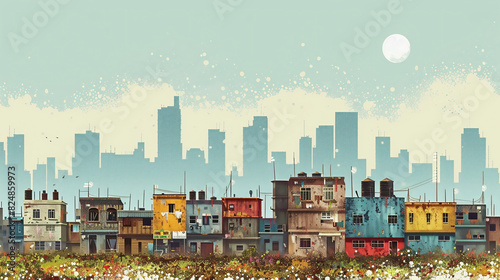 An illustration of a cityscape showing the stark contrast between wealth and poverty