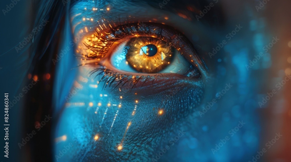 A close-up of a woman's eye in the process of scanning for identification. A close-up of a woman's eye in the process of scanning for identification.