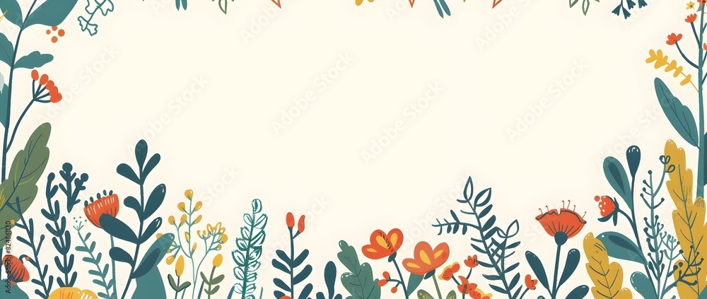 Whimsical Botanical Doodle Border Design with Blank Space for Message Background