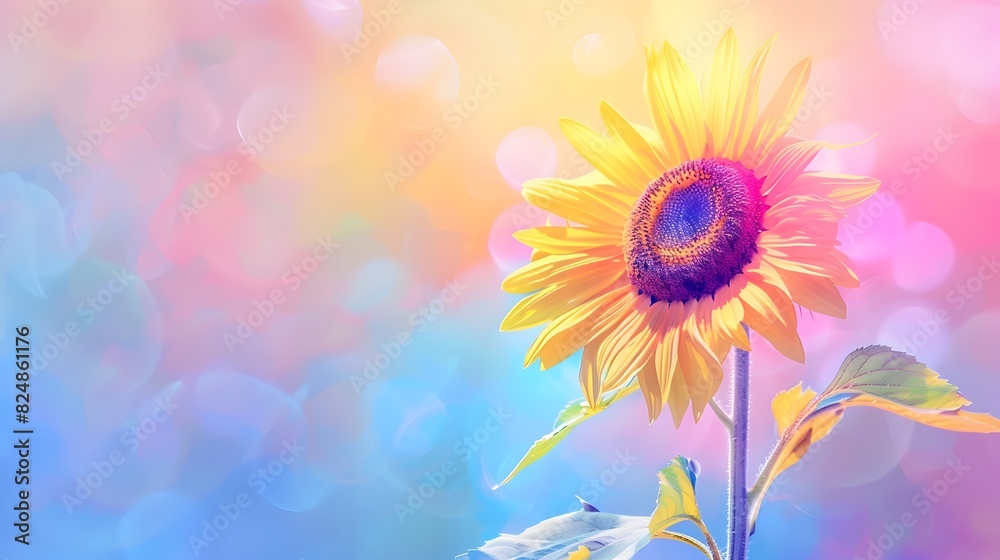 Obraz premium Vibrant Sunflower Against Blurred Pastel Backdrop with Bokeh Effect