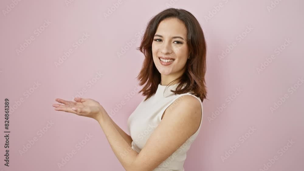 Young beautiful hispanic woman wearing sleeveless t shirt standing pointing aside with hands open palms showing copy space, presenting advertisement smiling excited happy over isolated pink background