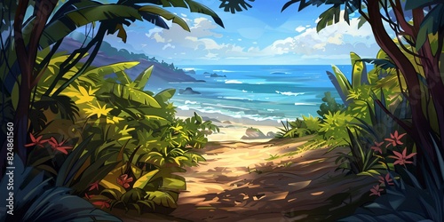 A painting showing a path meandering towards the tropical beach