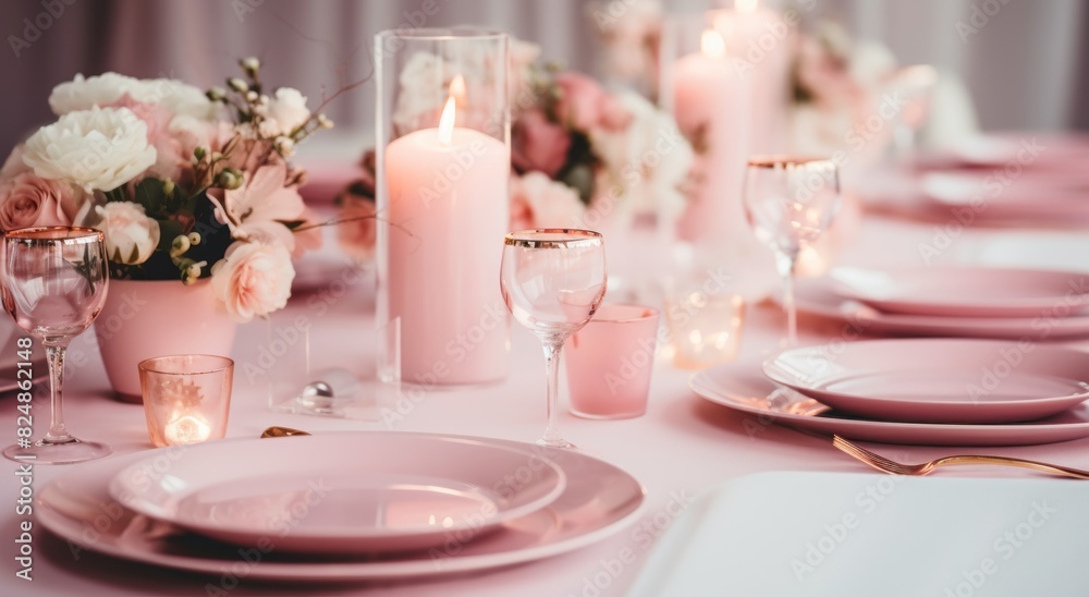A romantic celebration with a beautifully set table, wine glasses and gift decorations