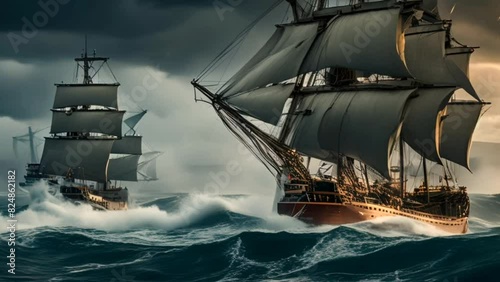 Old ship caught in storm at sea photo