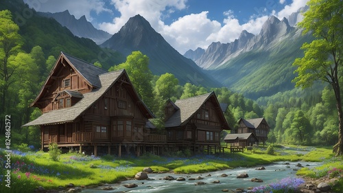 village in the mountains with beautifull landscape and river