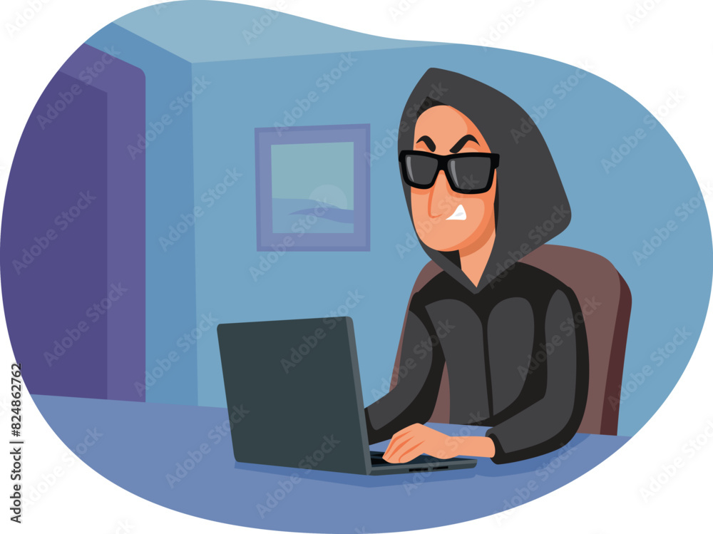 Hacker Typing on a Laptop Scamming People Vector Cartoon. Cyber-criminal planning online theft strategies stealing passwords
Hacker Typing on a Laptop Scamming People Vector Cartoon. Cyber-criminal planning online theft strategies stealing passwords