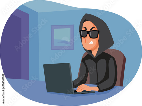 Hacker Typing on a Laptop Scamming People Vector Cartoon. Cyber-criminal planning online theft strategies stealing passwords 
