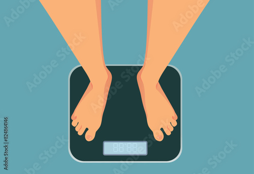 Person Weighing Herself on a Body Scale Vector Cartoon. Woman checking her weight on a measuring device after dieting 
