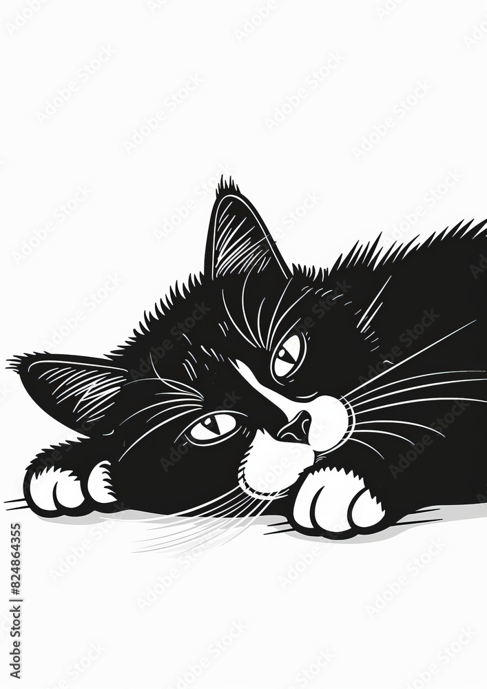 Obraz premium A cute cat is lying down, illustration in black and white silhouette with simple lines on a clean white background.