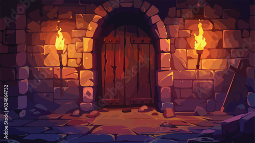Game level door. Castle stone wall entry gate in dung