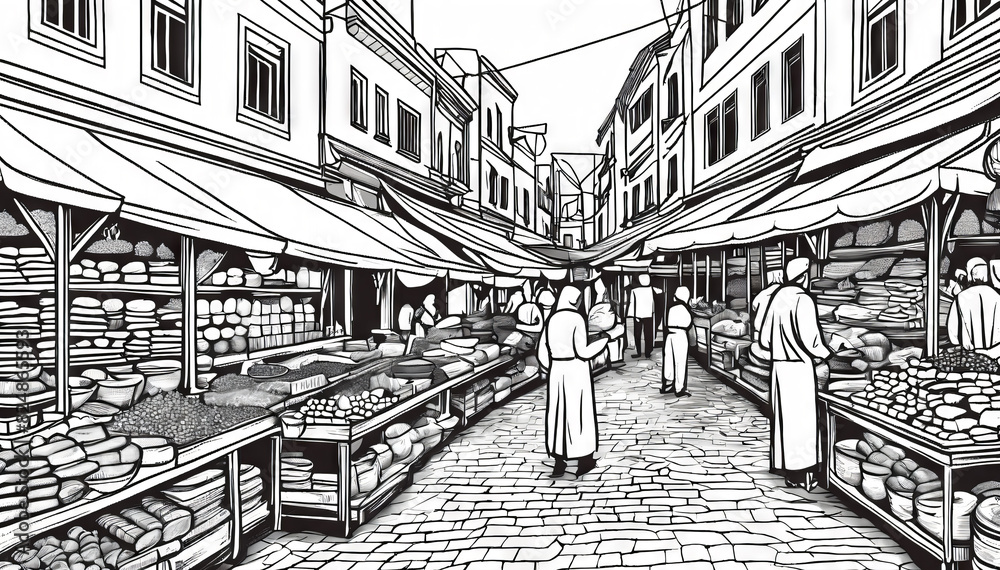 Detailed Black and White Illustration of a Street Market
