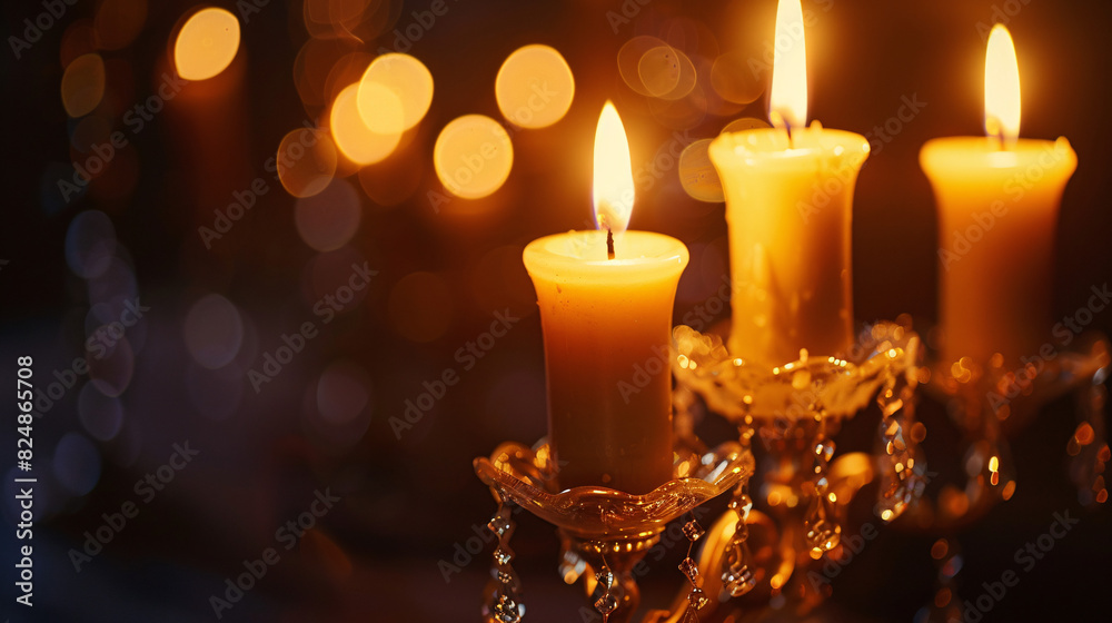 Elegant candlestick with burning candles. Three lit candles on an elegant candlestick, creating a warm and inviting atmosphere.