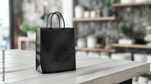 A black shopping bag is placed on a white wooden table in a room, mockup photo