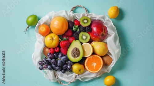 Assortment of fresh fruits in a reusable mesh bag on a blue background.