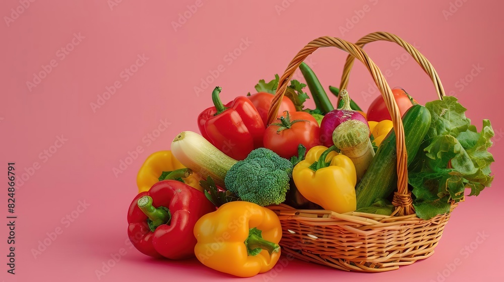A wicker basket overflowing with fresh vegetables on a pink background. A wicker basket overflowing with fresh vegetables on a pink background.