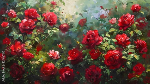 A Radiant Garden of Blooming Red Roses in Oil Paint Masterpiece © Ratchadaporn