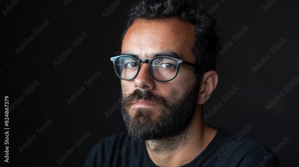 Portrait of a handsome bearded man with dark hair and glasses, standing isolated on a black background with plenty of room to copy Portrait of a handsome bearded man with dark hair and glasses, standing isolated on a black background with plenty of room to copy