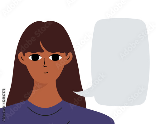Black brunette reports information. Empty space for text, message. Smiling beautiful african woman in flat design.