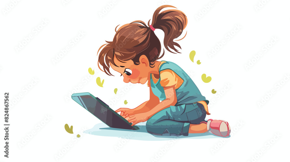 Girl playing on tablet. Kid with mobile gadget Cartoon