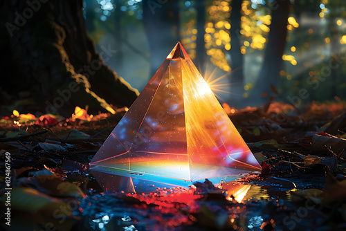 abstract background with pyramid glass prism refracting light spectrum in the forest