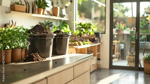 Two black buckets filled with soil on a countertop in a sunny greenhouse.