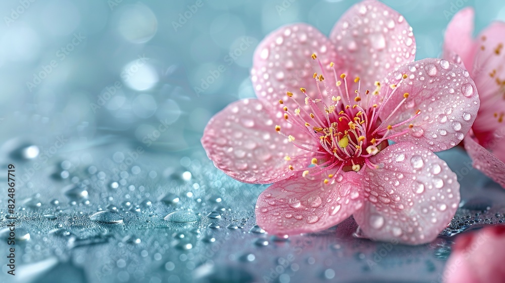 Close-up of a pink flower with water drops on the petals against a blue background with water drops Close-up of a pink flower with water drops on the petals against a blue background with water drops