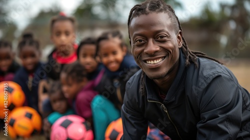 A man is kneeling holding a soccer ball in front of kids, teaching his pupils