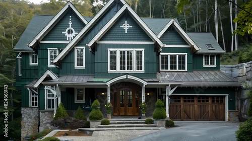 Craft man house exterior with forest green walls and white accents