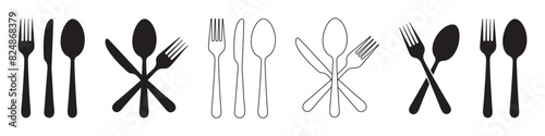 Fork, spoon, knife and plate. Menu symbol. Tableware instruments. Restaurant icon. Food, plate, fork, knife, spoon, cutlery icon set.