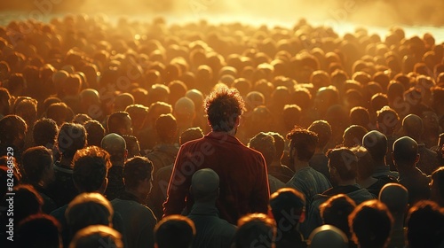 Silhouette of a man standing in a large crowd, facing away from the viewer. photo