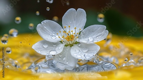   A white flower with droplets of water on its petals and a green leaf in the background