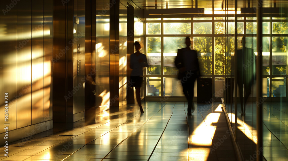 Blurred shot people walking in office