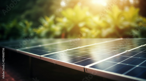 Detailed view of solar panels in a field on a background of blurred sunlight and trees