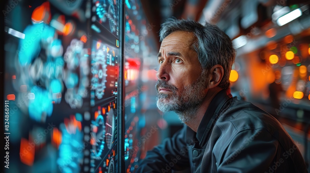 A man in a control room, looking at digital screens and data. A man in a control room, looking at digital screens and data.