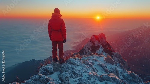 Solitary hiker standing on mountain peak at sunrise  overlooking a sea of clouds.