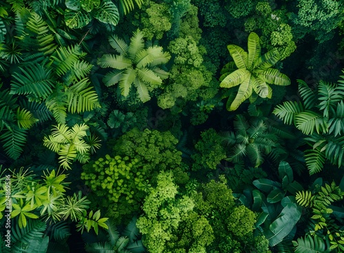 Aerial view of a dense tropical rainforest, showcasing a lush canopy of green trees with different shades and textures, illuminated by soft light filtering through the foliage. See Less 