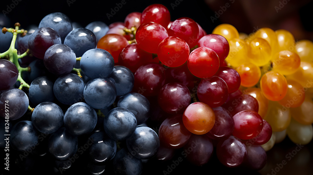A vibrant display of grapes in blue, red, and yellow hues, glistening with freshness against a dark background A vibrant display of grapes in blue, red, and yellow hues, glistening with freshness against a dark background