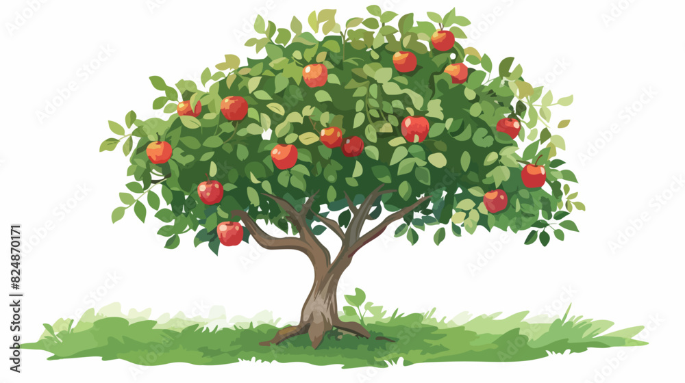 Green tree with red apples. Garden fruit plant Cartoo