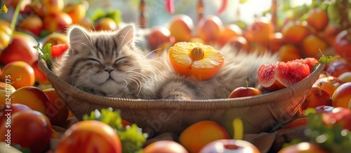 Persian Cat Basking in the Sunlit Nectarine and Succulent Salad Delights