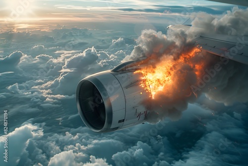 Commercial Airplane Experiencing Midair Engine Fire and Explosion Against Cloudy Sky photo