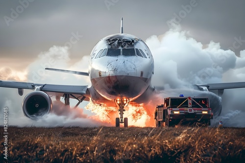 Dramatic Scene of a Commercial Airplane Crash Landing with Intense Fire and Rescue Efforts photo
