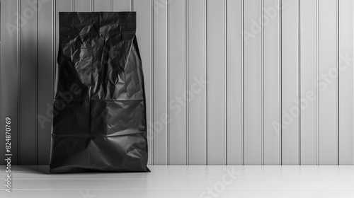 A black shopping bag is placed on a white wooden table in a room, mockup with copy space