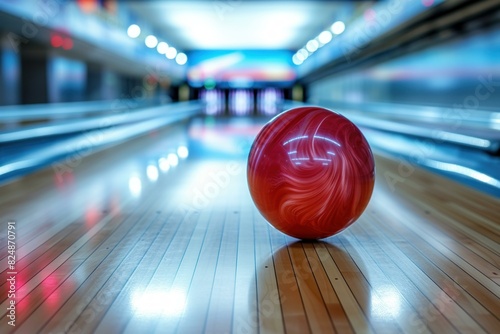 Close-up view of a vibrant red bowling ball on a polished wooden lane with colorful lights in the background photo