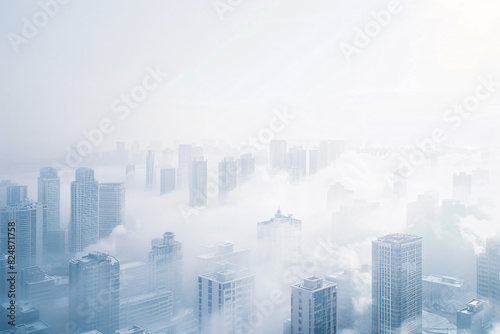 cityscape with tall buildings shrouded in thick fog creating a calm and quiet urban scene with diffused light